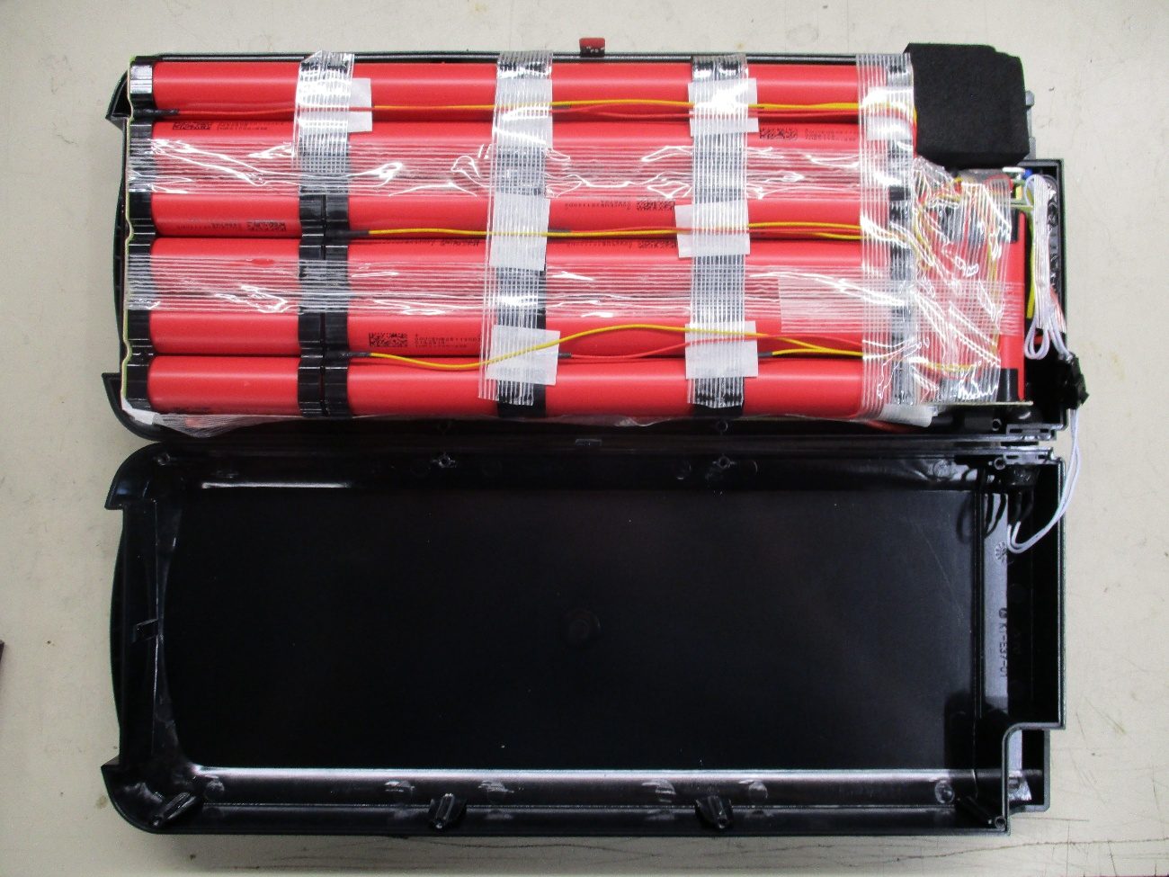 Lithium-ion e-bike battery pack opened for inspection